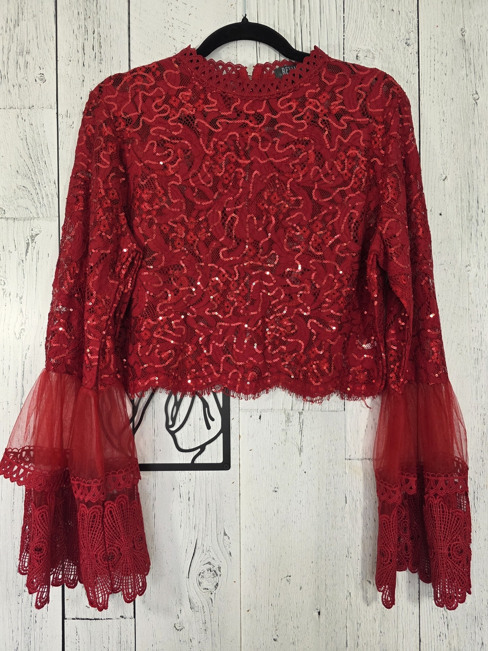 Revamped Red Sequin Lace Bell Sleeve Top Size XL Glam Holiday Party Festive